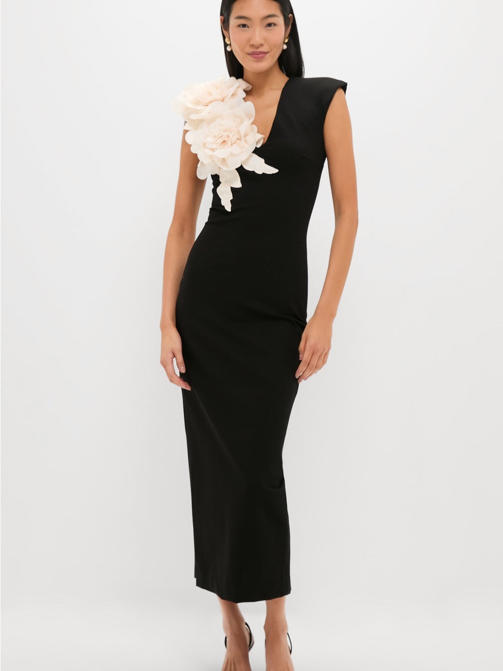 Elliatt Black One-Shoulder Gown with Cream Floral Appliqué